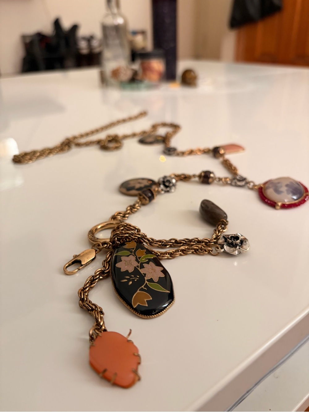 Zara Gold-Tone Floral Charm Body Chain/Necklace - Black & Coral Accents
